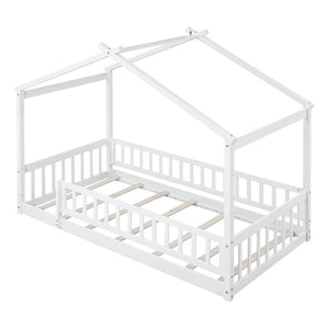 English Elm Twin Solid Pine House Bed Playhouse Frame with Fence Rail for Kids Rooms WF302176AAK