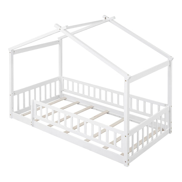 English Elm Twin Solid Pine House Bed Playhouse Frame with Fence Rail for Kids Rooms WF302176AAK