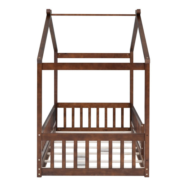 English Elm Twin Solid Pine House Bed Playhouse Frame with Fence Rail for Kids Rooms Walnut WF302176AAL