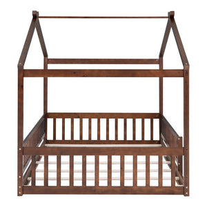 English Elm Full Size Pine Playhouse Bed with Roofline and Fence Rails for Kids Bedroom Walnut WF302177AAL