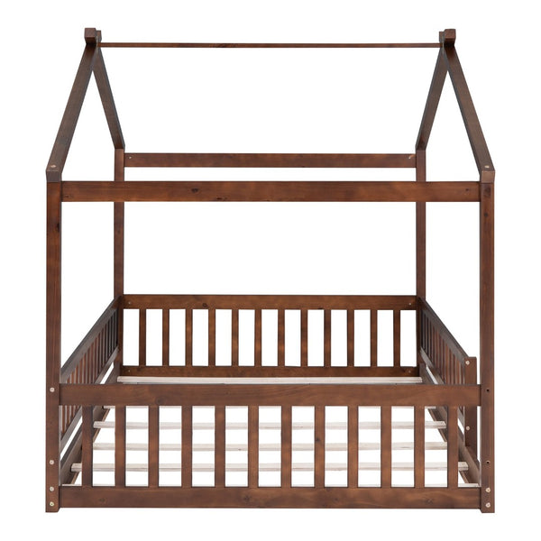 English Elm Full Size Pine Playhouse Bed with Roofline and Fence Rails for Kids Bedroom Walnut WF302177AAL