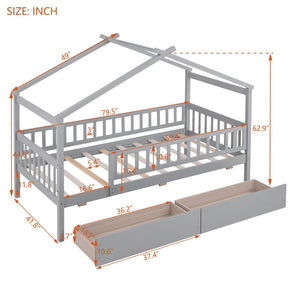 English Elm Twin House Bed Pine Wood Frame with Storage Drawers Kids Bedroom Playful Design Gray WF302181AAE