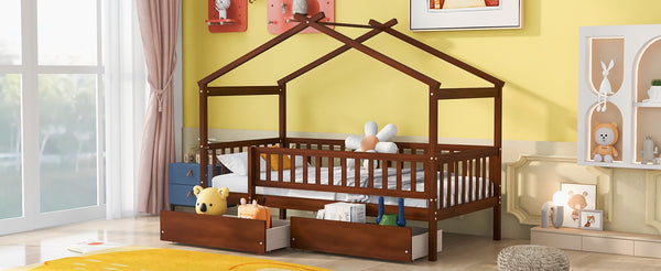 English Elm Twin House Bed Pine Wood Frame with Storage Drawers Kids Bedroom Playful Design Walnut WF302181AAL