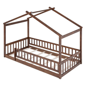 English Elm Twin Solid Pine House Bed Playhouse Frame with Fence Rail for Kids Rooms Walnut WF302176AAL