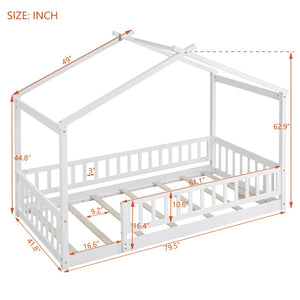 English Elm Twin Solid Pine House Bed Playhouse Frame with Fence Rail for Kids Rooms WF302176AAK