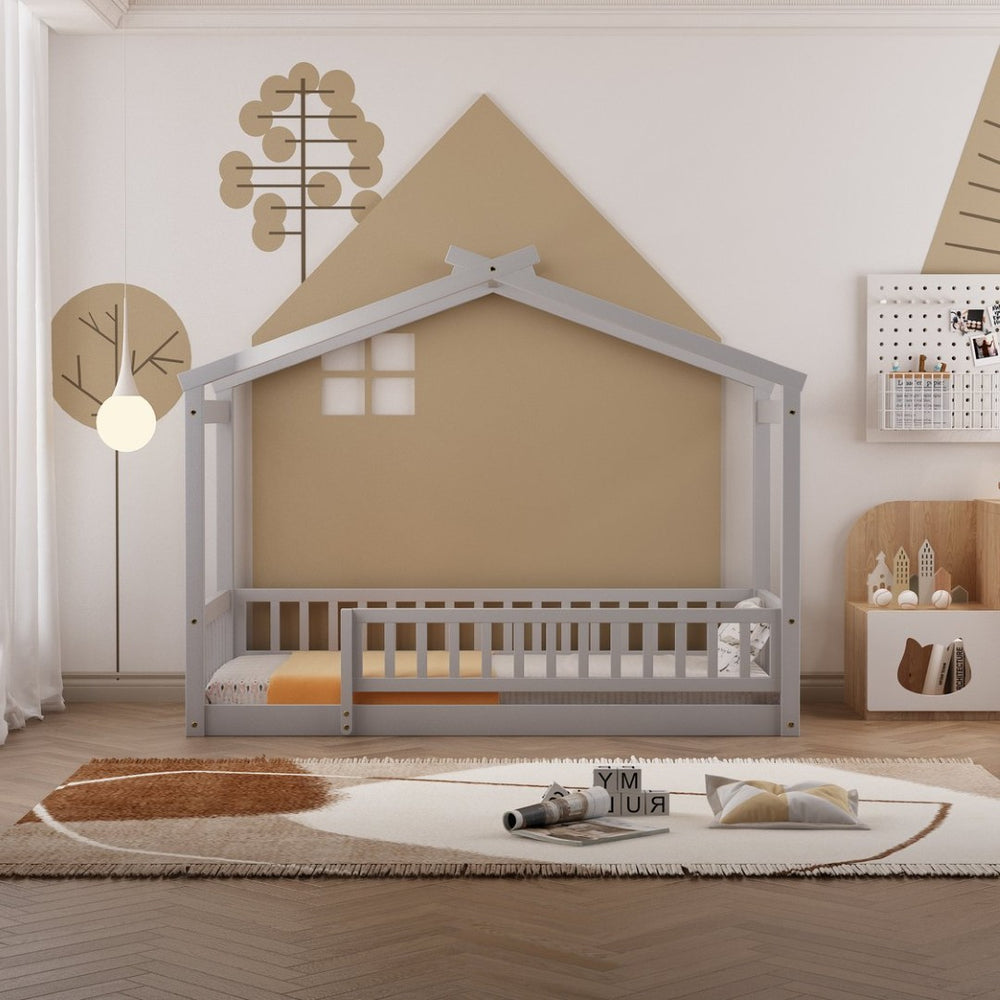 English Elm Twin Solid Pine House Bed Playhouse Frame with Fence Rail for Kids Rooms Gray WF302176AAE