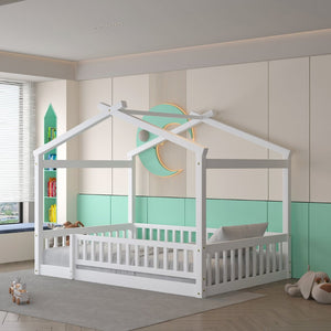 English Elm Full Size Pine Playhouse Bed with Roofline and Fence Rails for Kids Bedroom White WF302177AAK