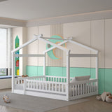 Full Size Wood Bed House Bed Frame with Fence, For Kids, Teens, Girls, Boys, White
