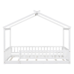 English Elm Twin Solid Pine House Bed Playhouse Frame with Fence Rail for Kids Rooms WF302176AAK