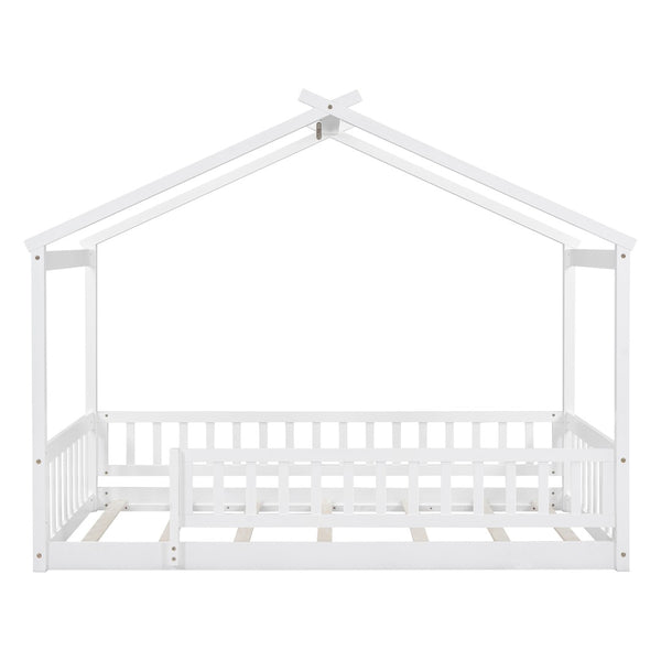 English Elm Twin Solid Pine House Bed Playhouse Frame with Fence Rail for Kids Rooms WF302176AAK