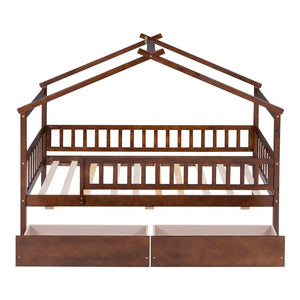 English Elm Twin House Bed Pine Wood Frame with Storage Drawers Kids Bedroom Playful Design Walnut WF302181AAL