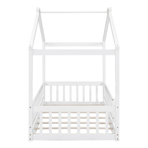 English Elm Twin Solid Pine House Bed Playhouse Frame with Fence Rail for Kids Rooms WF302176AAK