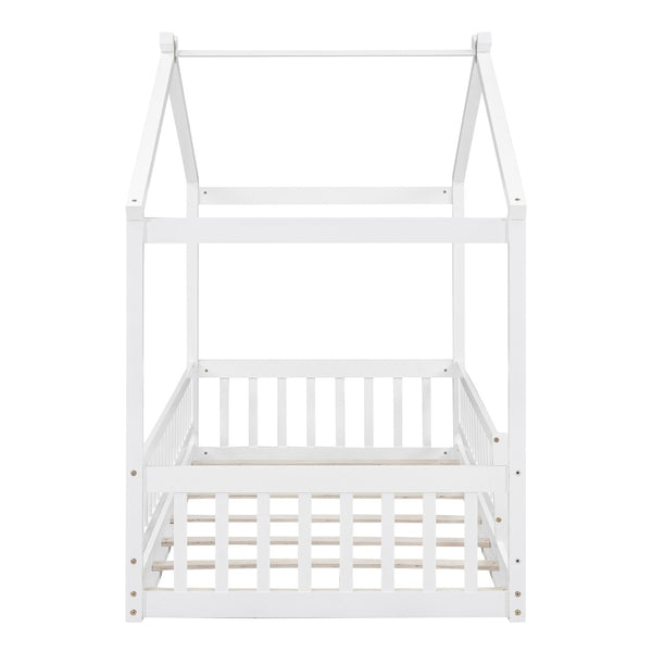 English Elm Twin Solid Pine House Bed Playhouse Frame with Fence Rail for Kids Rooms WF302176AAK