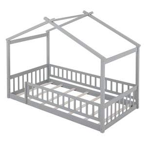 English Elm Twin Solid Pine House Bed Playhouse Frame with Fence Rail for Kids Rooms Gray WF302176AAE