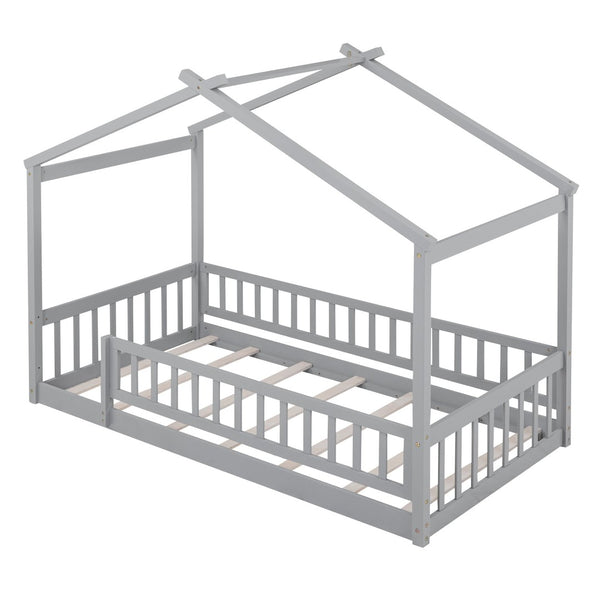 English Elm Twin Solid Pine House Bed Playhouse Frame with Fence Rail for Kids Rooms Gray WF302176AAE