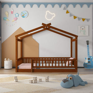 English Elm Twin Solid Pine House Bed Playhouse Frame with Fence Rail for Kids Rooms Walnut WF302176AAL