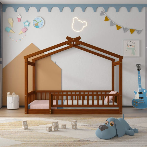 English Elm Twin Solid Pine House Bed Playhouse Frame with Fence Rail for Kids Rooms Walnut WF302176AAL