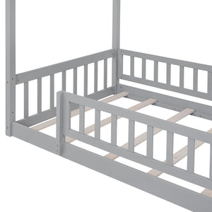 English Elm Twin Solid Pine House Bed Playhouse Frame with Fence Rail for Kids Rooms Gray WF302176AAE