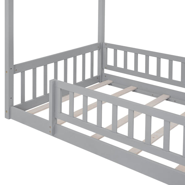 English Elm Twin Solid Pine House Bed Playhouse Frame with Fence Rail for Kids Rooms Gray WF302176AAE