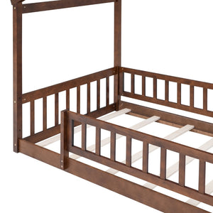 English Elm Twin Solid Pine House Bed Playhouse Frame with Fence Rail for Kids Rooms Walnut WF302176AAL