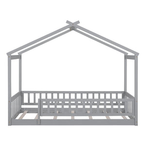 English Elm Twin Solid Pine House Bed Playhouse Frame with Fence Rail for Kids Rooms Gray WF302176AAE