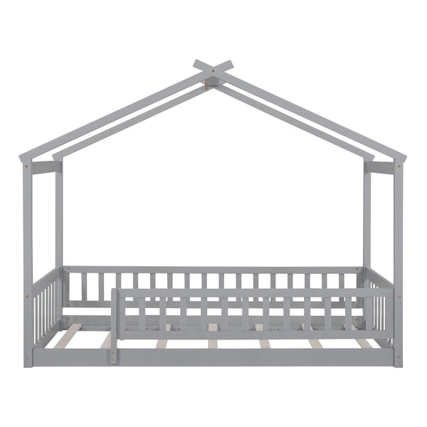 English Elm Twin Solid Pine House Bed Playhouse Frame with Fence Rail for Kids Rooms Gray WF302176AAE
