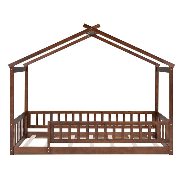English Elm Twin Solid Pine House Bed Playhouse Frame with Fence Rail for Kids Rooms Walnut WF302176AAL