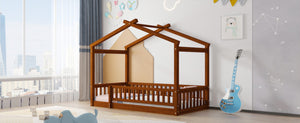 English Elm Twin Solid Pine House Bed Playhouse Frame with Fence Rail for Kids Rooms Walnut WF302176AAL
