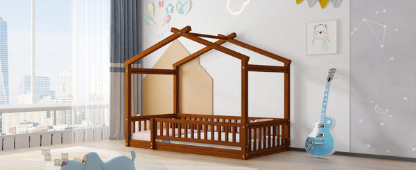 English Elm Twin Solid Pine House Bed Playhouse Frame with Fence Rail for Kids Rooms Walnut WF302176AAL
