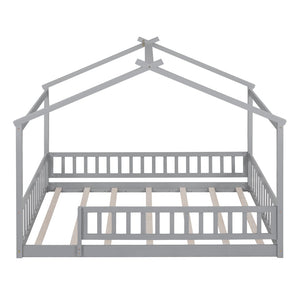 English Elm Full Size Pine Playhouse Bed with Roofline and Fence Rails for Kids Bedroom Gray WF302177AAE