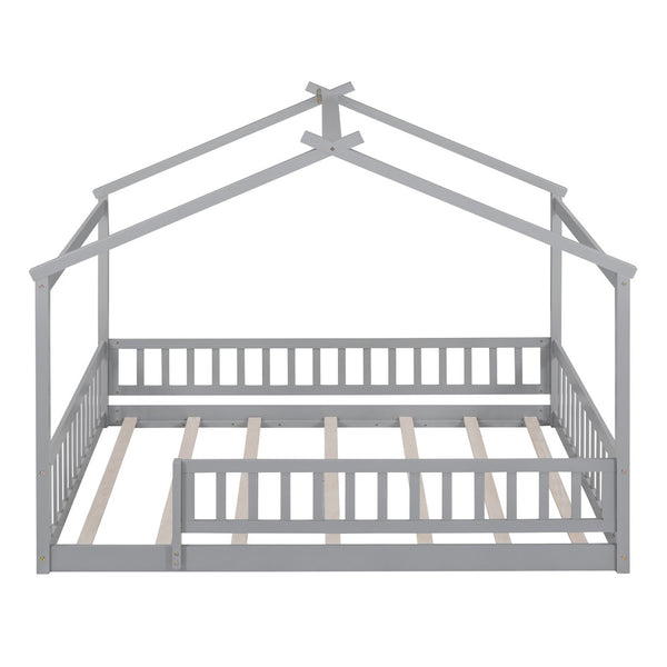 English Elm Full Size Pine Playhouse Bed with Roofline and Fence Rails for Kids Bedroom Gray WF302177AAE