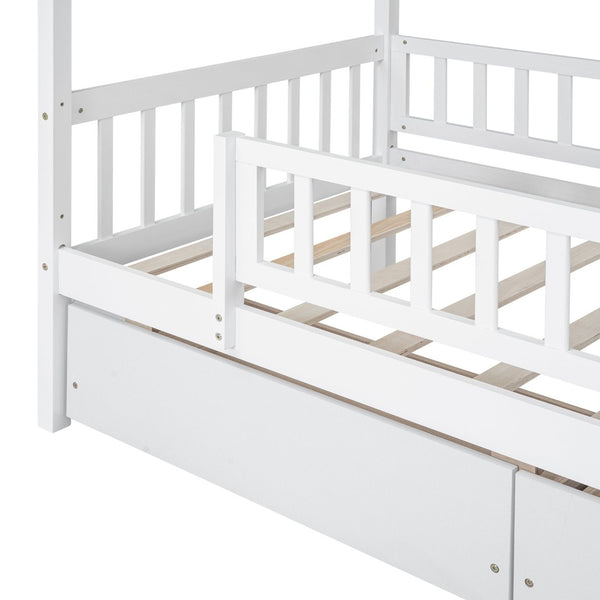 English Elm Twin House Bed Pine Wood Frame with Storage Drawers Kids Bedroom Playful Design WF302181AAK