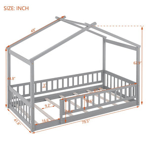 English Elm Twin Solid Pine House Bed Playhouse Frame with Fence Rail for Kids Rooms Gray WF302176AAE