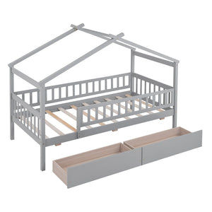 English Elm Twin House Bed Pine Wood Frame with Storage Drawers Kids Bedroom Playful Design Gray WF302181AAE