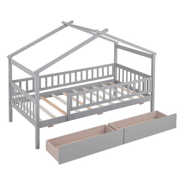 English Elm Twin House Bed Pine Wood Frame with Storage Drawers Kids Bedroom Playful Design Gray WF302181AAE