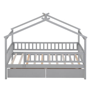 English Elm Twin House Bed Pine Wood Frame with Storage Drawers Kids Bedroom Playful Design Gray WF302181AAE