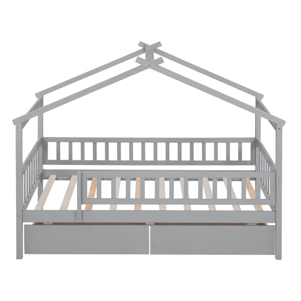 English Elm Twin House Bed Pine Wood Frame with Storage Drawers Kids Bedroom Playful Design Gray WF302181AAE
