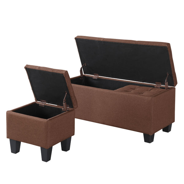 English Elm Large Storage Ottoman Bench Set with 3-Piece Tufted Linen Ottomans, Hidden Storage, 250lb Capacity Brown W142083041