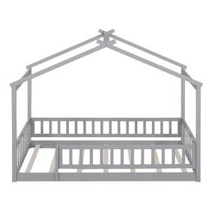 English Elm Twin Solid Pine House Bed Playhouse Frame with Fence Rail for Kids Rooms Gray WF302176AAE