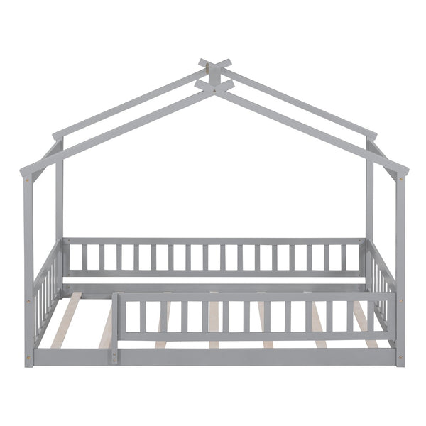 English Elm Twin Solid Pine House Bed Playhouse Frame with Fence Rail for Kids Rooms Gray WF302176AAE
