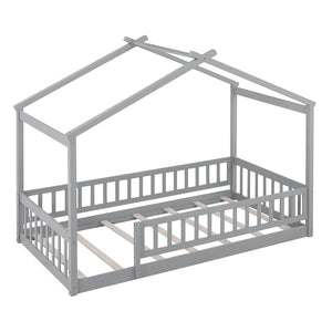 English Elm Twin Solid Pine House Bed Playhouse Frame with Fence Rail for Kids Rooms Gray WF302176AAE