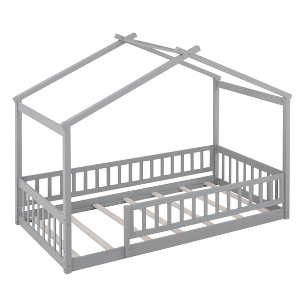 English Elm Twin Solid Pine House Bed Playhouse Frame with Fence Rail for Kids Rooms Gray WF302176AAE