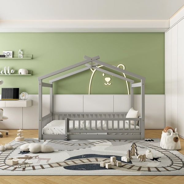 English Elm Full Size Pine Playhouse Bed with Roofline and Fence Rails for Kids Bedroom Gray WF302177AAE