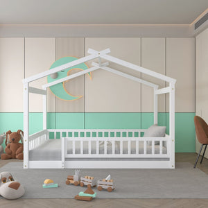 English Elm Full Size Pine Playhouse Bed with Roofline and Fence Rails for Kids Bedroom White WF302177AAK