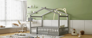 English Elm Full Size Pine Playhouse Bed with Roofline and Fence Rails for Kids Bedroom Gray WF302177AAE