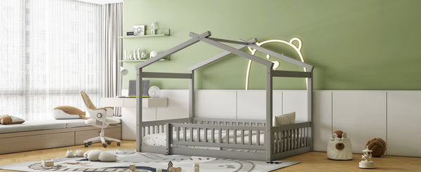 English Elm Full Size Pine Playhouse Bed with Roofline and Fence Rails for Kids Bedroom Gray WF302177AAE