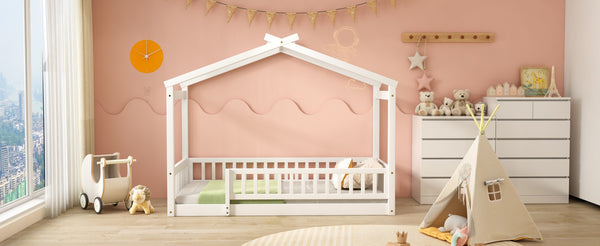 English Elm Twin Solid Pine House Bed Playhouse Frame with Fence Rail for Kids Rooms WF302176AAK