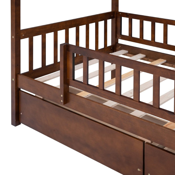 English Elm Twin House Bed Pine Wood Frame with Storage Drawers Kids Bedroom Playful Design Walnut WF302181AAL