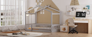 English Elm Twin Solid Pine House Bed Playhouse Frame with Fence Rail for Kids Rooms Gray WF302176AAE
