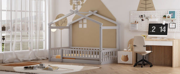 English Elm Twin Solid Pine House Bed Playhouse Frame with Fence Rail for Kids Rooms Gray WF302176AAE